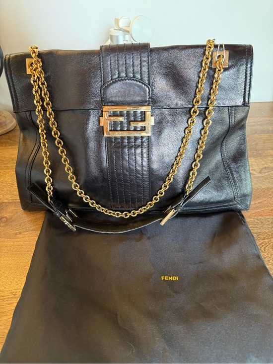Fendi Handbags - Rare Vintage Fendi Black Leather FF Flap Bag Gold Chain Shoulder Strap